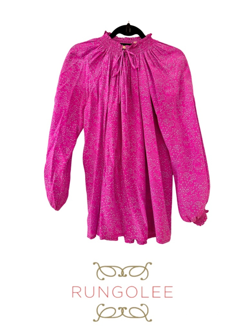 Rungolee - “Kiki” Silk Fuchsia Smocked Neck Long-Sleeve, Size Medium